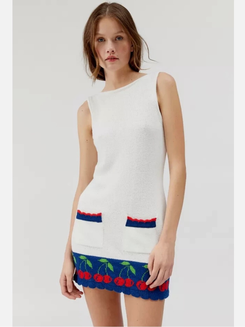 Kimchi Blue Knit Dress with Red Cherry Trim Scalloped Hem Novelty Fruit Medium